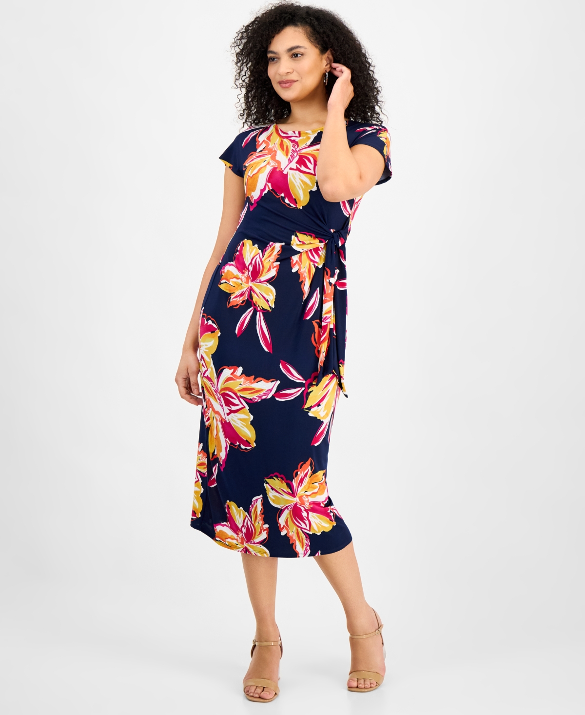 Women's Floral Tie-Waist Short-Sleeve Midi Dress - Navy Multi