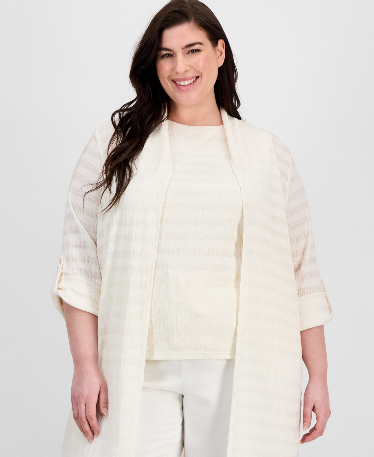 Anne Klein Plus Size Pucker-wave Knit Open-front Cardigan
