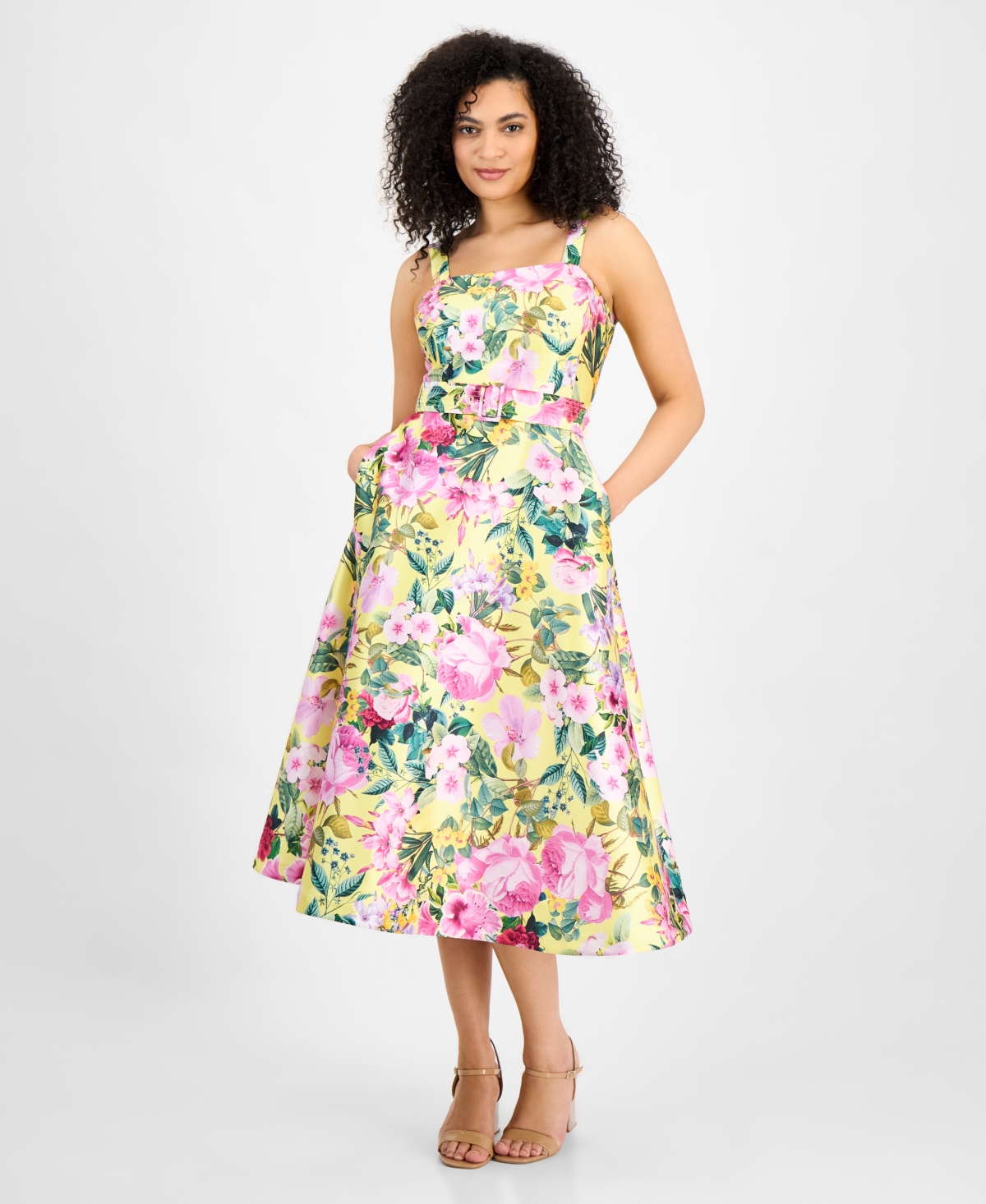 Women's Floral-Print Fit & Flare Dress - Yellow Mul
