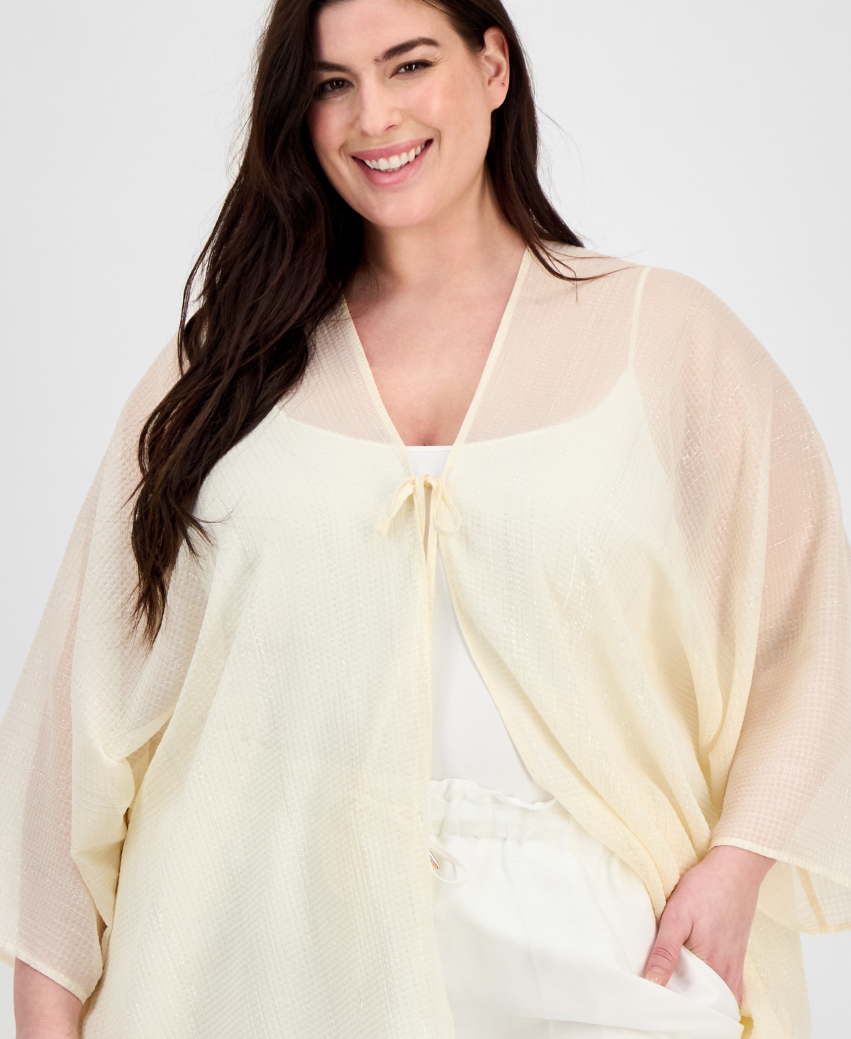 ANNE KLEIN PLUS SIZE SHIMMER-TEXTURE OPEN-FRONT SCARF KIMONO CARDIGAN 