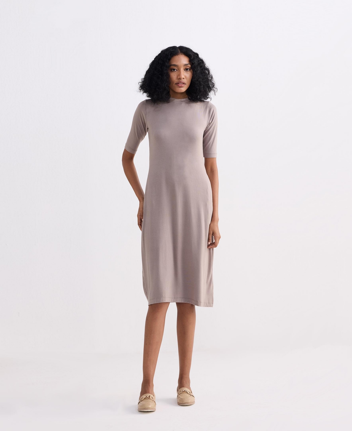 Women's High Neck Elbow Sleeves Fitted Dress - Brown