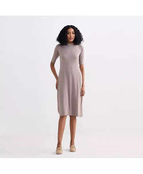 high neck elbow sleeves fitted dress