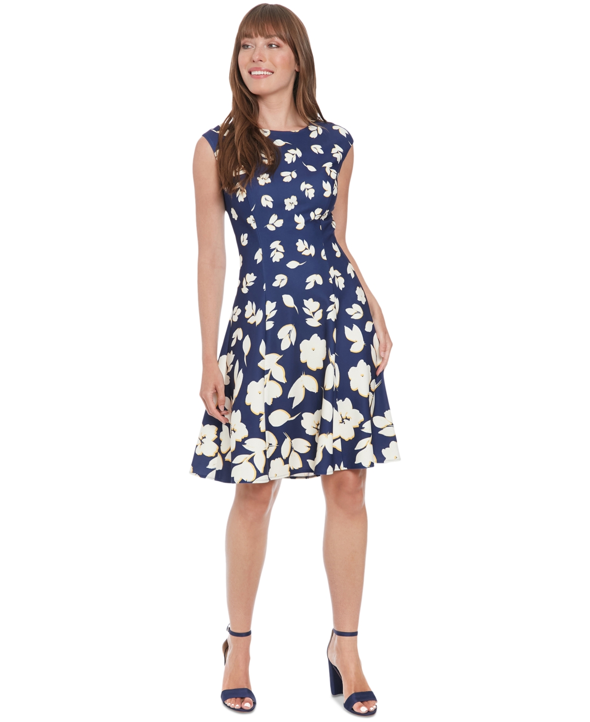 Petite Printed Sleeveless Fit & Flare Dress - Navy Ivory