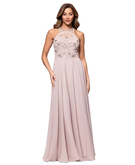 Petite Beaded Sleeveless High-Neck Gown - Taupe