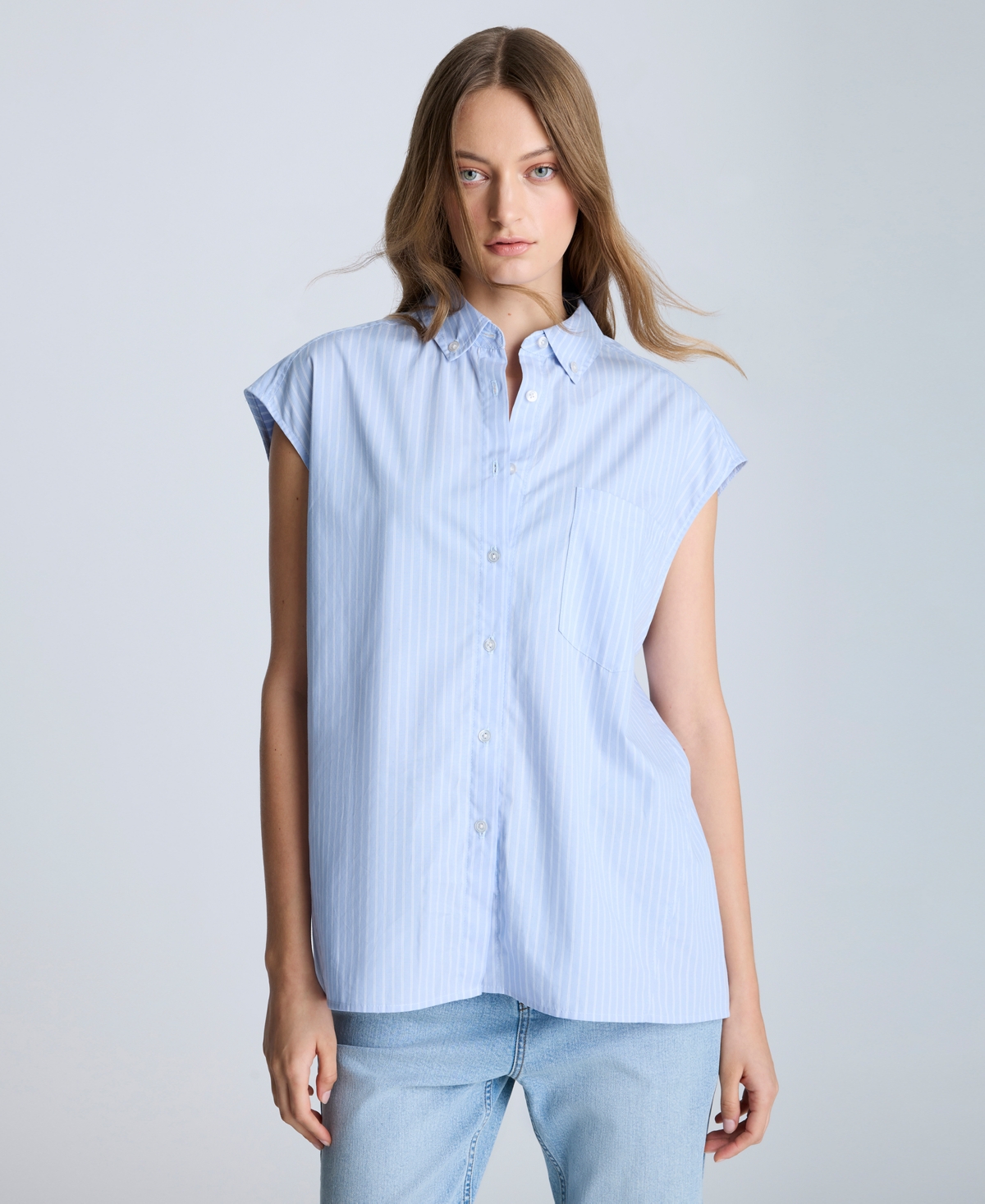 Kenneth Cole Oversize Stripe Cap Sleeve Button-down Shirt In Blue