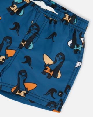 Boy Printed Swim Trunks Orange Sloths On Navy Blue - Toddler|Child
