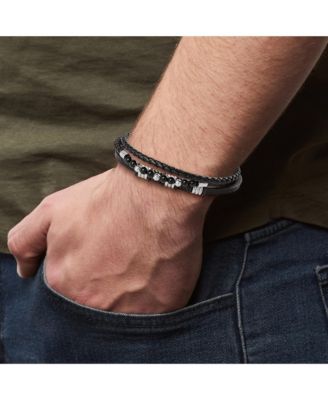 Stainless Steel Triple Row Black Cord Bracelet - 8.25"