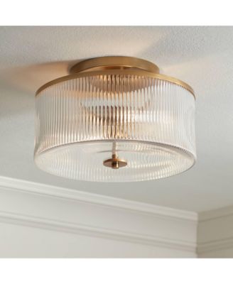 McKenzie 14" Mid Century Modern 2-Light Semi Flush-Mount Ceiling Light Fixture Kitchen Foyer Hallway Drum Round Warm Brass Finish Ribbed Glass Metal Bedroom Bathroom Entryway - Possini Euro Design