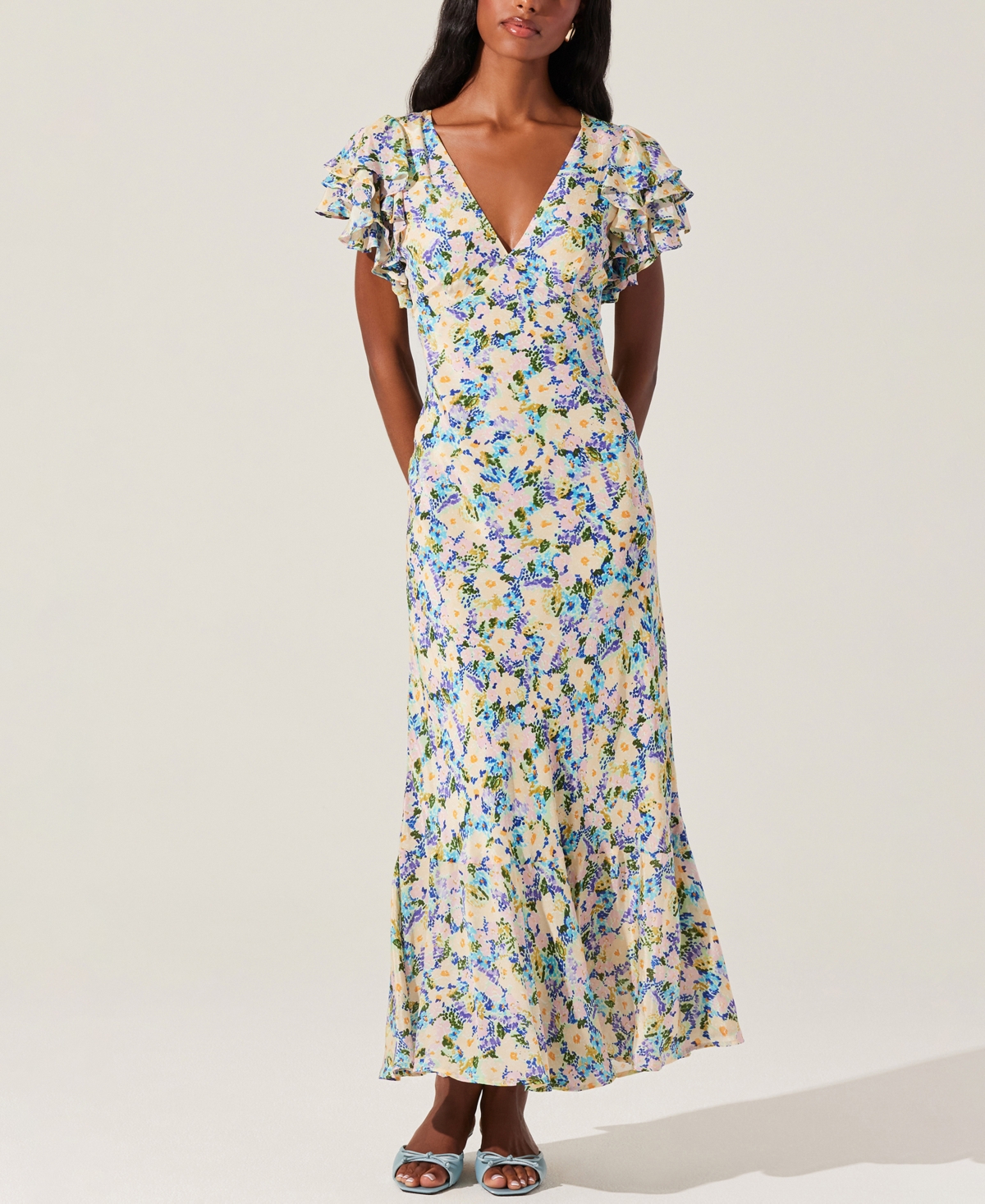 Astr The Label Celestine Floral Flutter Sleeve Maxi Dress In Blue Yellow Ditsy