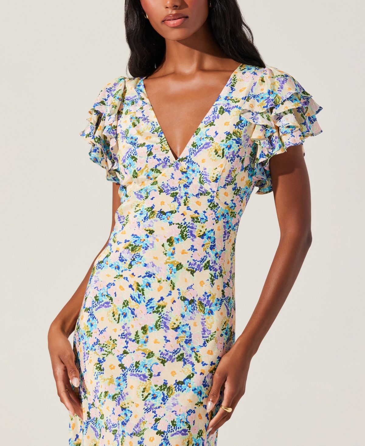 Astr The Label Celestine Floral Flutter Sleeve Maxi Dress In Blue Yellow Ditsy