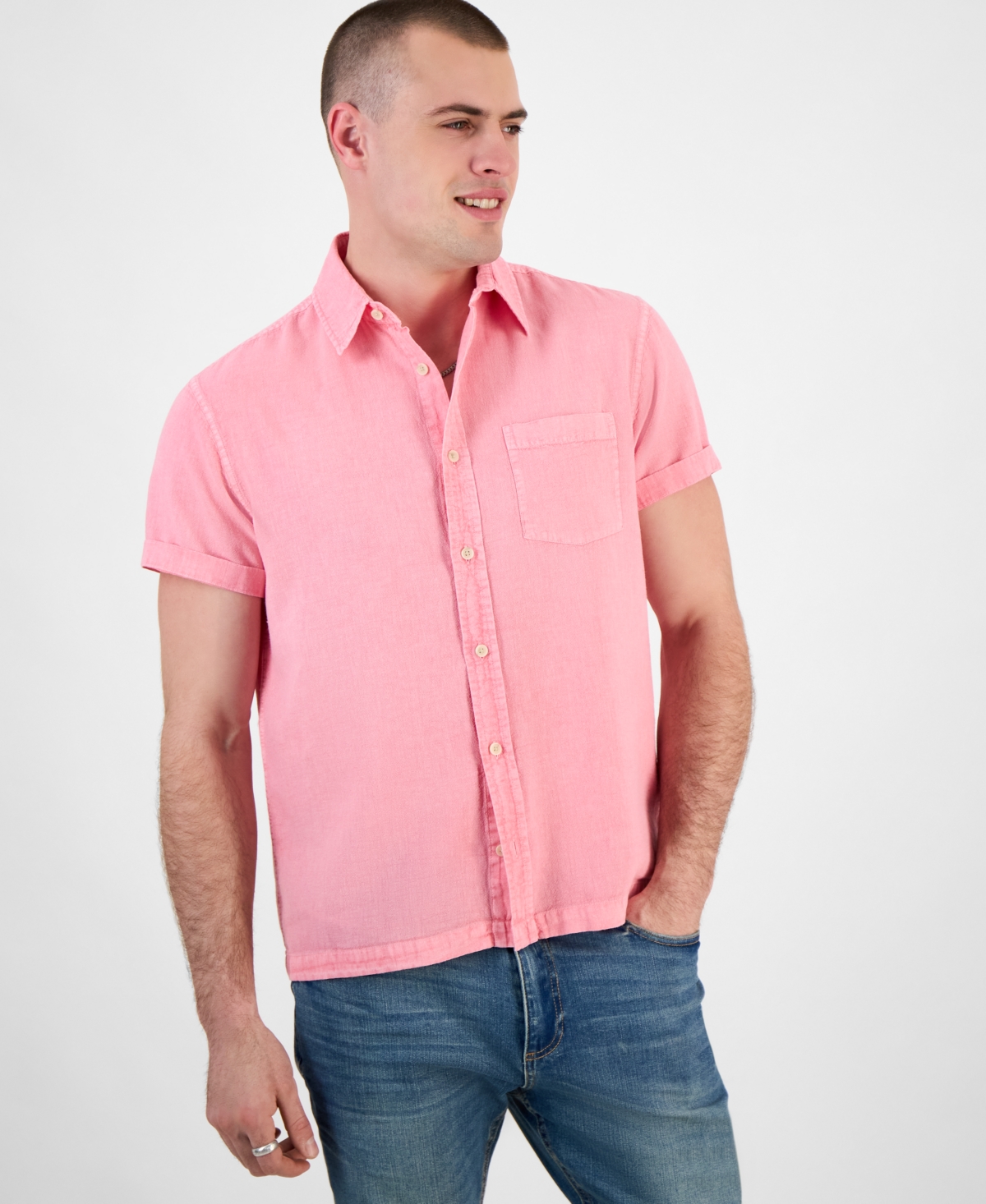 Shop Sun + Stone Men's Blake Linen Chambray Short Sleeve Button-front Shirt, Created For Macy's In Pink Hydra