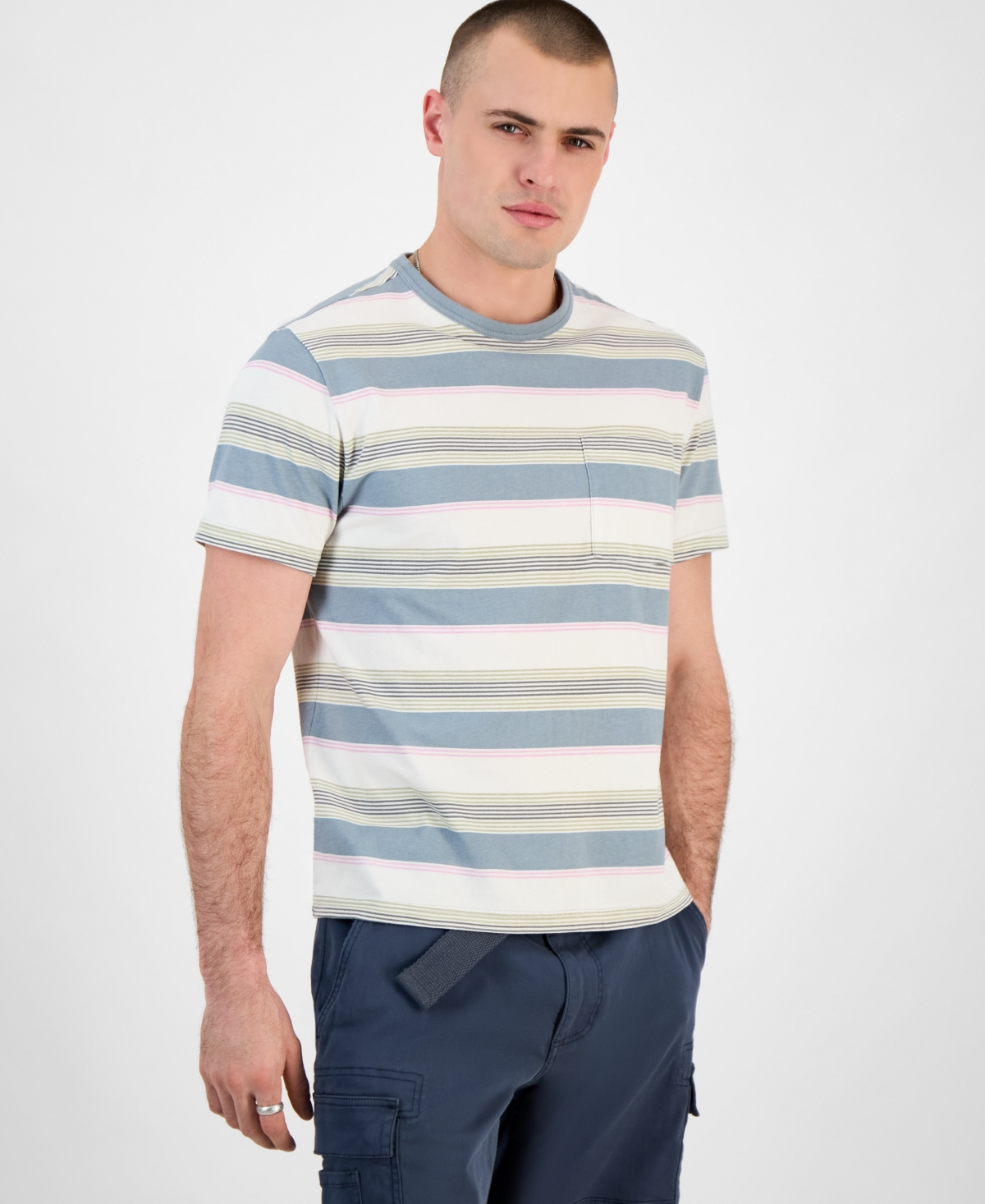 Shop Sun + Stone Men's Regular-fit Stripe Pocket T-shirt, Exclusively At Macy's In Silver Blue