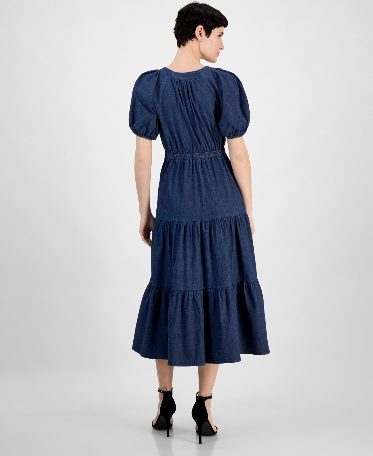 Anne Klein Petite Puff-sleeve Tiered Denim Midi Dress In Blue