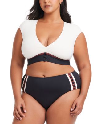Plus Size Button-Down Cap-Sleeve Cropped Swim Top