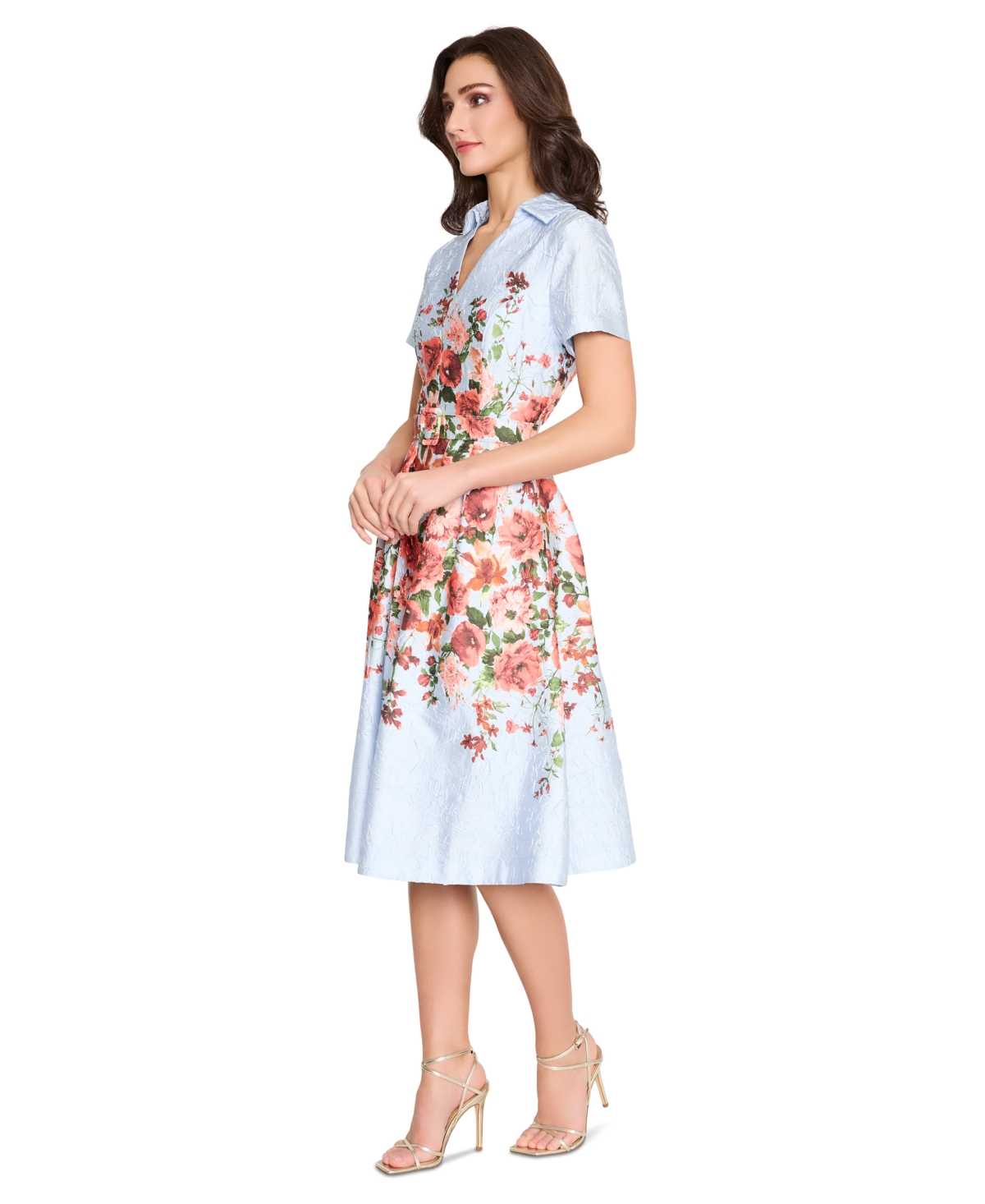 Tahari Women's Floral-print Textured Fit & Flare Dress In Ice Blue Coral