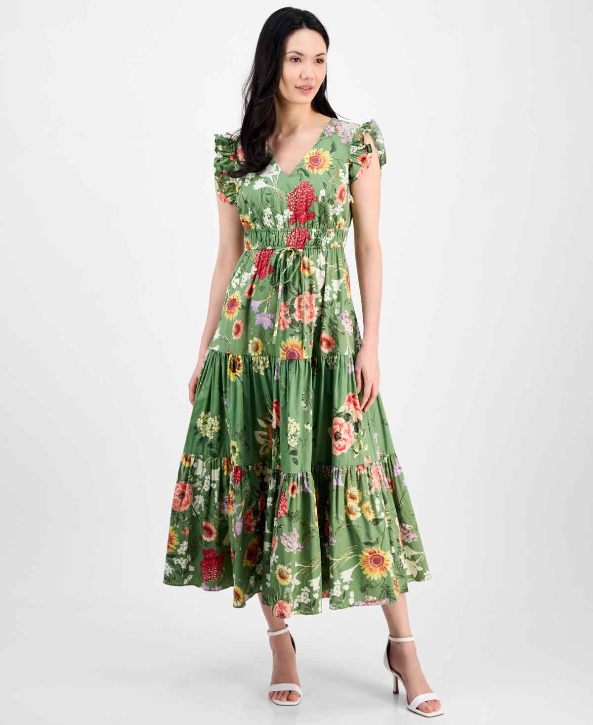 Anne Klein Printed Poplin Drawstring Maxi Dress In Green