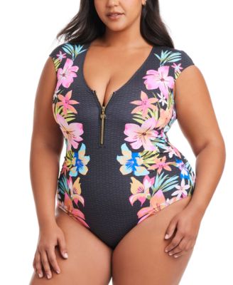 Bleu by Rod Beattie - Plus Size Border-Print Sweet Escape Cap-Sleeve Zip-Front Swimsuit