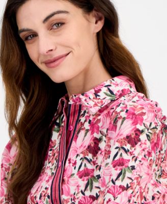 Women's Printed Long-Sleeve Belted Shirtdress