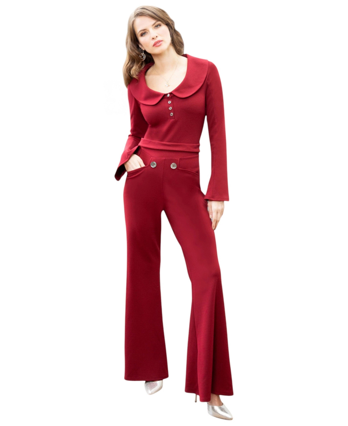Women's Bell-Bottom Jumpsuit with Collar Detail - Black