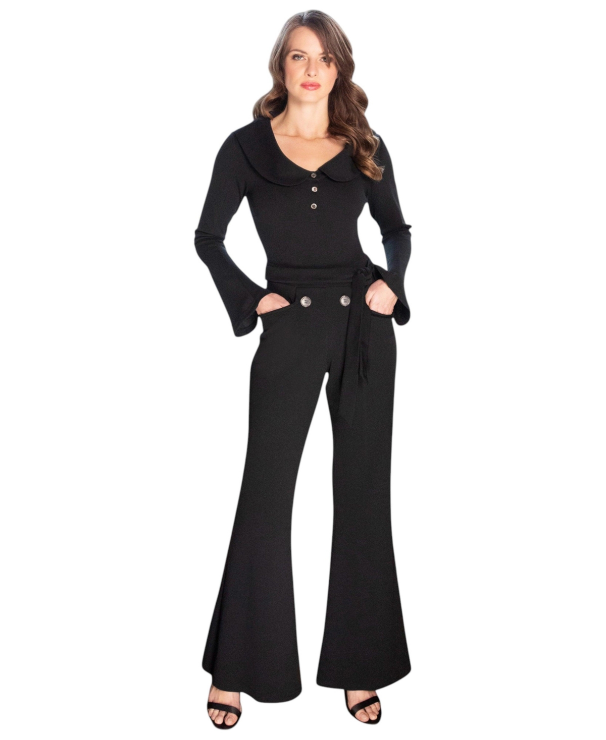 Women's Bell-Bottom Jumpsuit with Collar Detail - Black