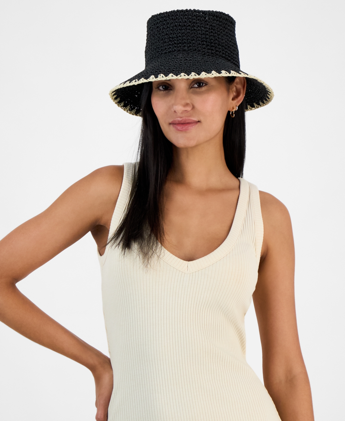 Crochet Bucket Hat with Whipstitch Trim, Exclusively at Macy's - Med Beige