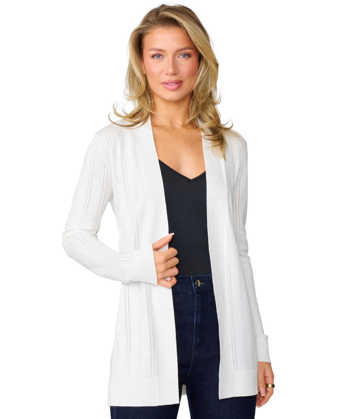 Petite Pointelle Open-Front Long Cardigan - Snow White