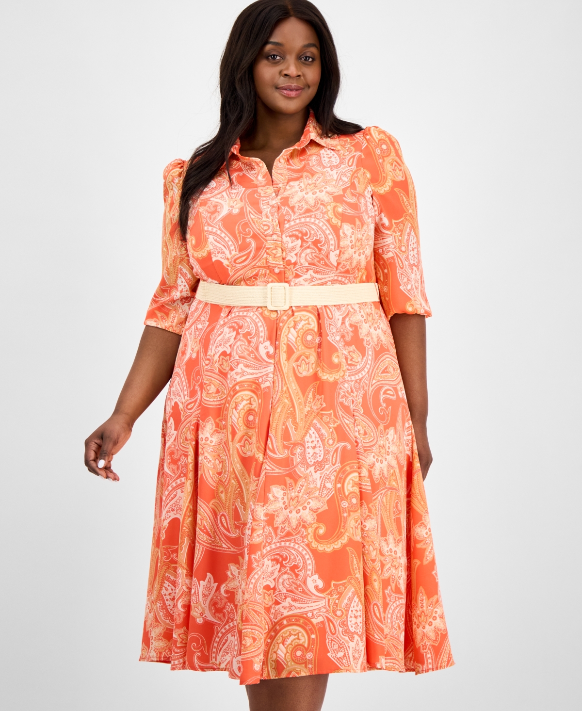 Tahari Asl Plus Size Printed Belted Midi Shirtdress In Coral Paisley