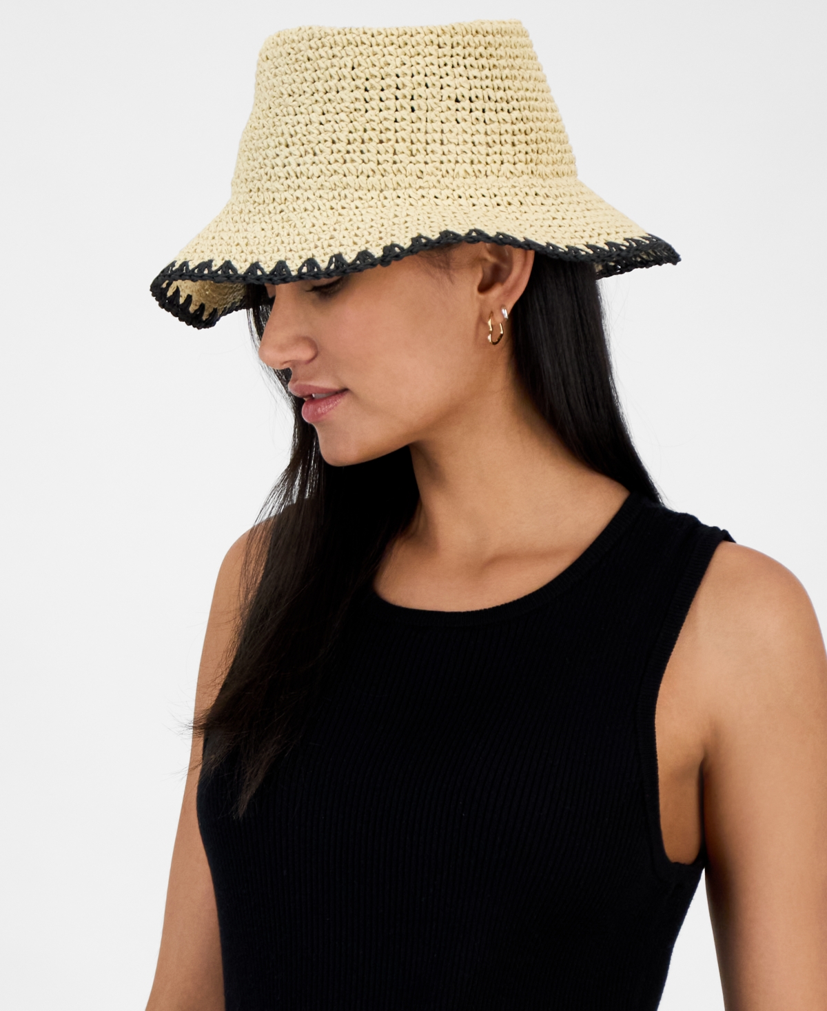 Crochet Bucket Hat with Whipstitch Trim, Exclusively at Macy's - Med Beige