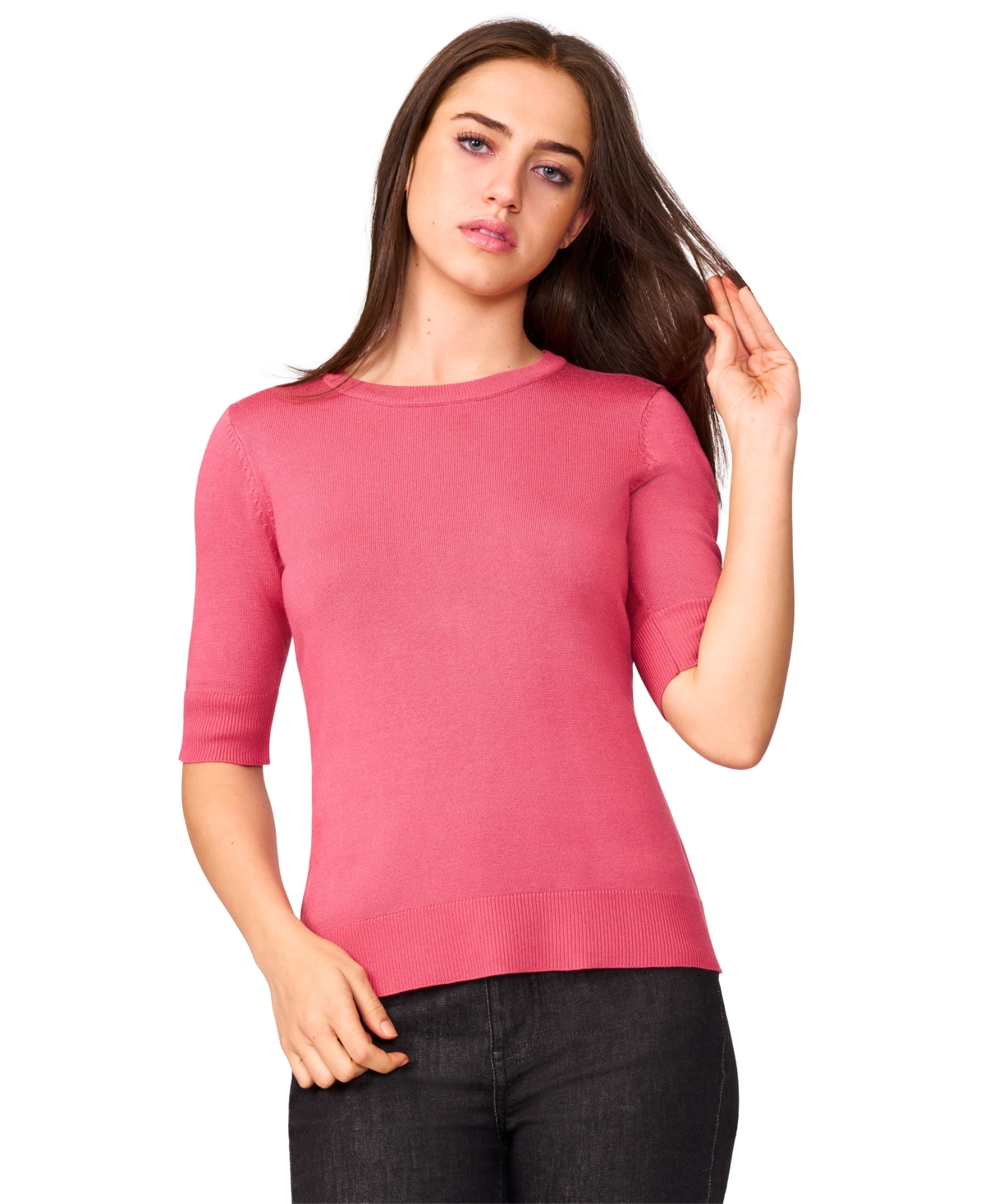 Women's Crew-Neck Elbow-Sleeve Fine-Gauge Sweater - Jet Black