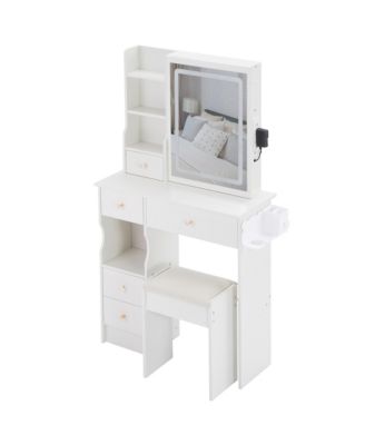 50.40"Small Size Left Drawer Desktop Vanity Table + Cushioned Stool, 2 AC+2 USB Power Station, Hair dryer bracket,White