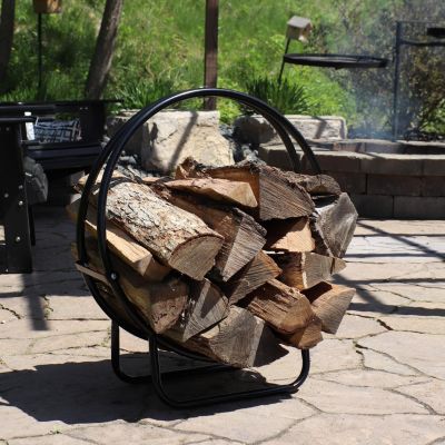 Indoor/Outdoor Steel Round Fire Pit or Fireplace Firewood Log Hoop Rack Holder - Black