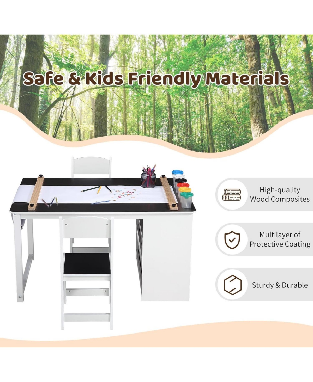 Kids Art Table and 2 Chairs,Toddler Craft and Play Wood Activity Table with Storage Bins, Drawing Desk, Kids Activity Table and Study Table, Activity