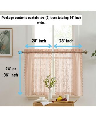 Sophia Floral Rod Pocket Lace Semi Sheer Voile Short Cafe Tiers for Small Windows - 28 x 36 Inch Length (Blush Pink Tiers, Set of 2)