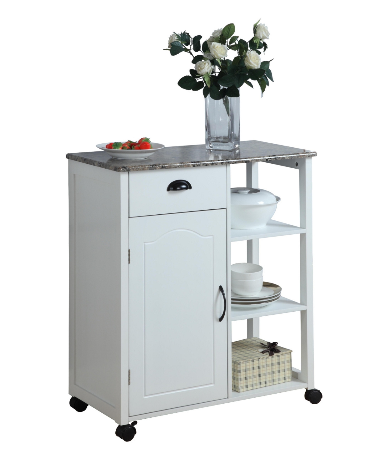 Kings Brand Furniture - White Finish Wood & Marble Vinyl Top Kitchen Storage Cabinet Cart