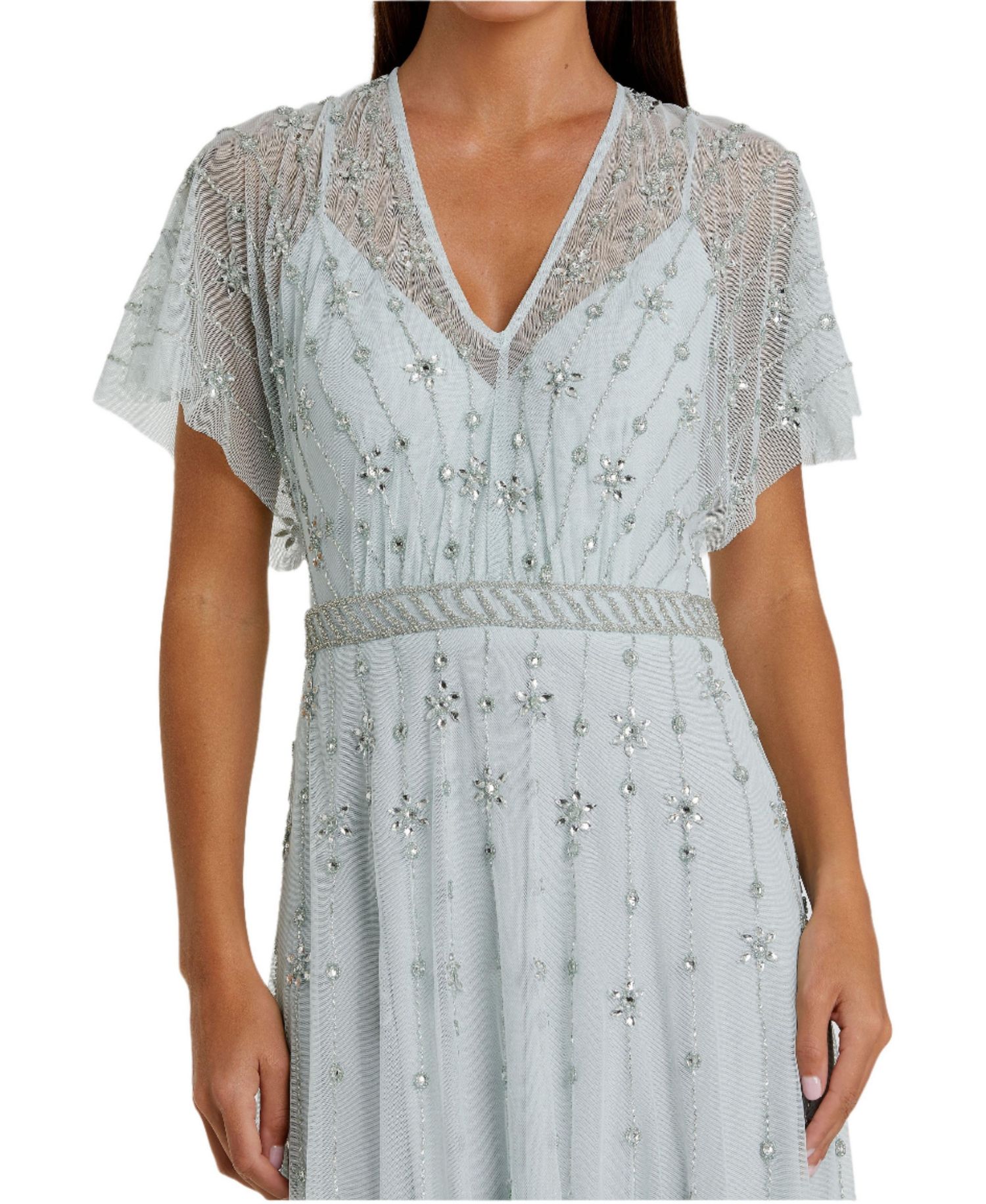 Women's V-Neck Embellished Flutter Sleeve A Line Gown