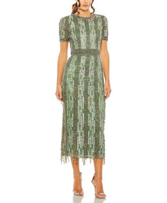 Women's High Neck Short Sleeve Crystal Fringe Column Dress