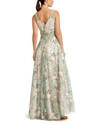 Women's Floral Embroidered Illusion V-Neck Gown