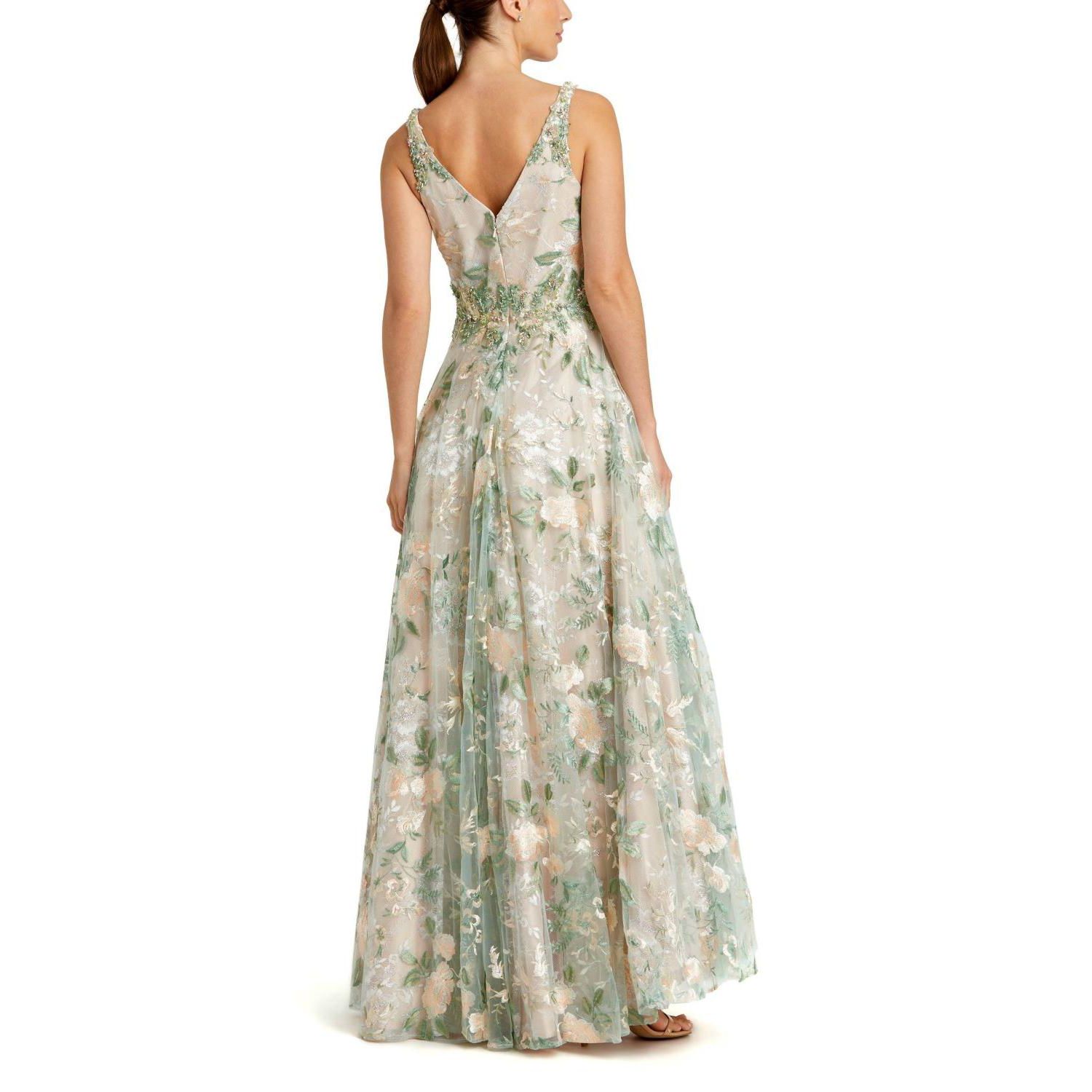 Women's Floral Embroidered Illusion V-Neck Gown
