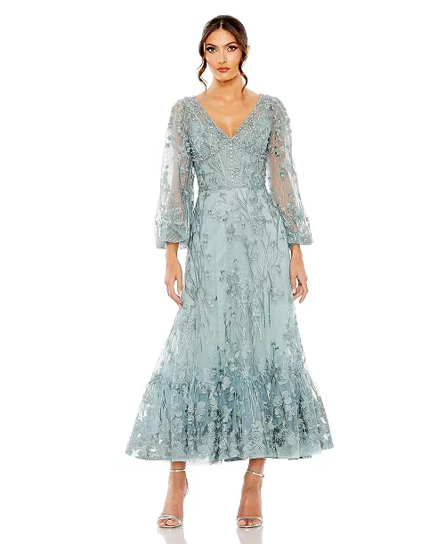 women's v-neck mesh puff sleeve a line embellished dress
