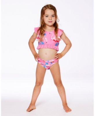 Girls Printed Two-Piece Swimsuit With Frills Candy Pink And Pink Flamingo