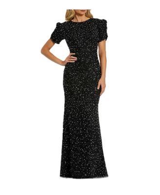 Women's Gathered Short Sleeve Beaded Gown
