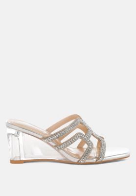 Womens Caqueta Metallic Rhinestone Clear Wedge Sandals