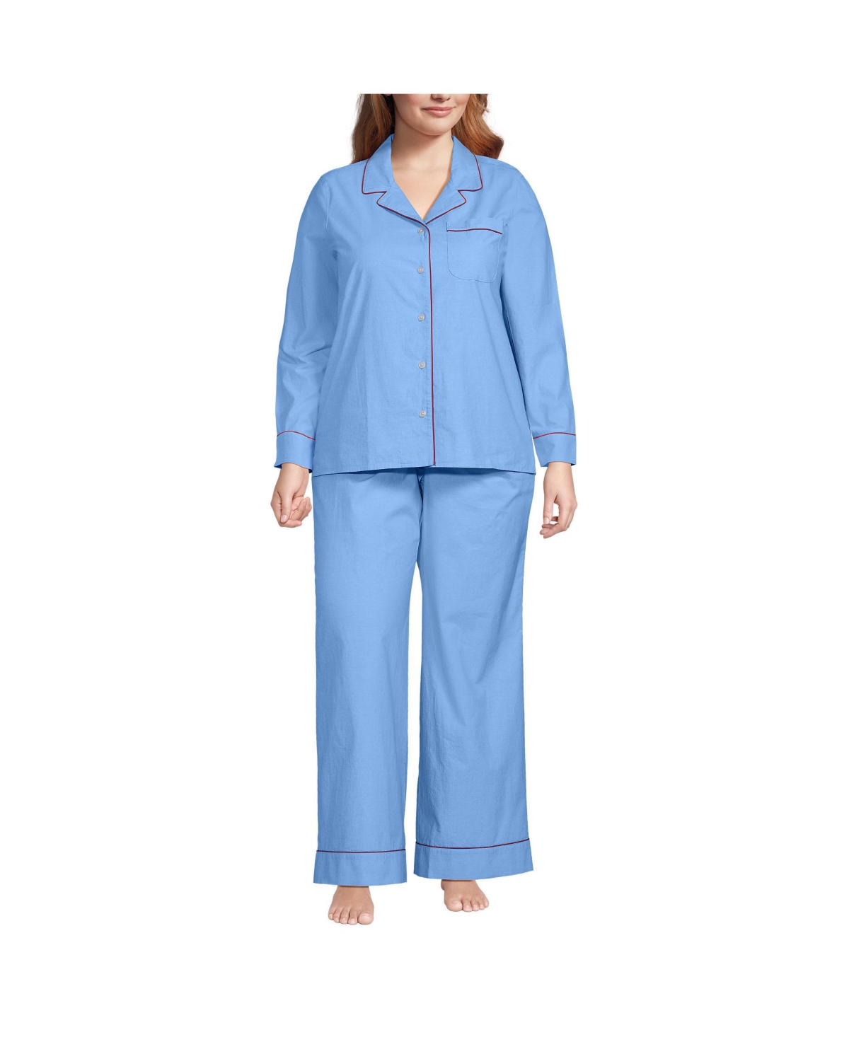 Plus Size Cotton Poplin 2 Piece Pajama Set - Long Sleeve Top and Pants - Brisk blue/white