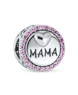 Round Pink Crystal Bead Charm MAMA Heart Wife Sterling Silver Fits Bracelet