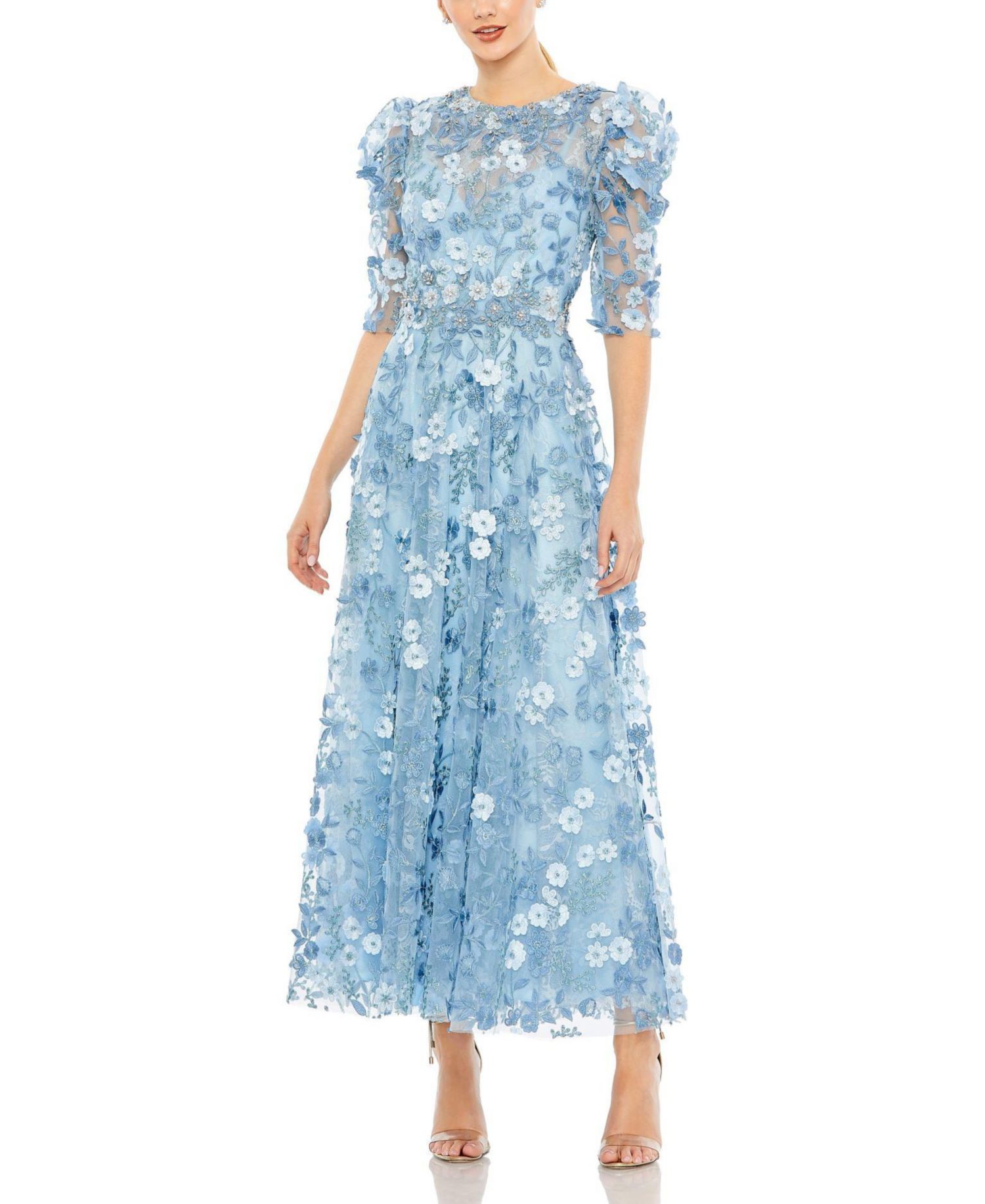 Women's Applique High Neck Puff Sleeve A Line Dress