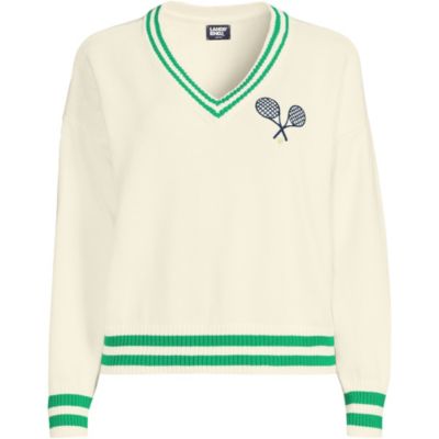売れ筋商品|||ランズエンド ニット&セーター アウター レディース Women's Plus Size Drifter Varsity Vneck Sweater with Crest Fresh ivory/clover tip Lands' End Women's Plus Size Drifter Varsity Vneck Sweater