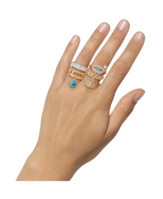 4-Piece Charm Ring Set with Turquoise Accents - Size 7