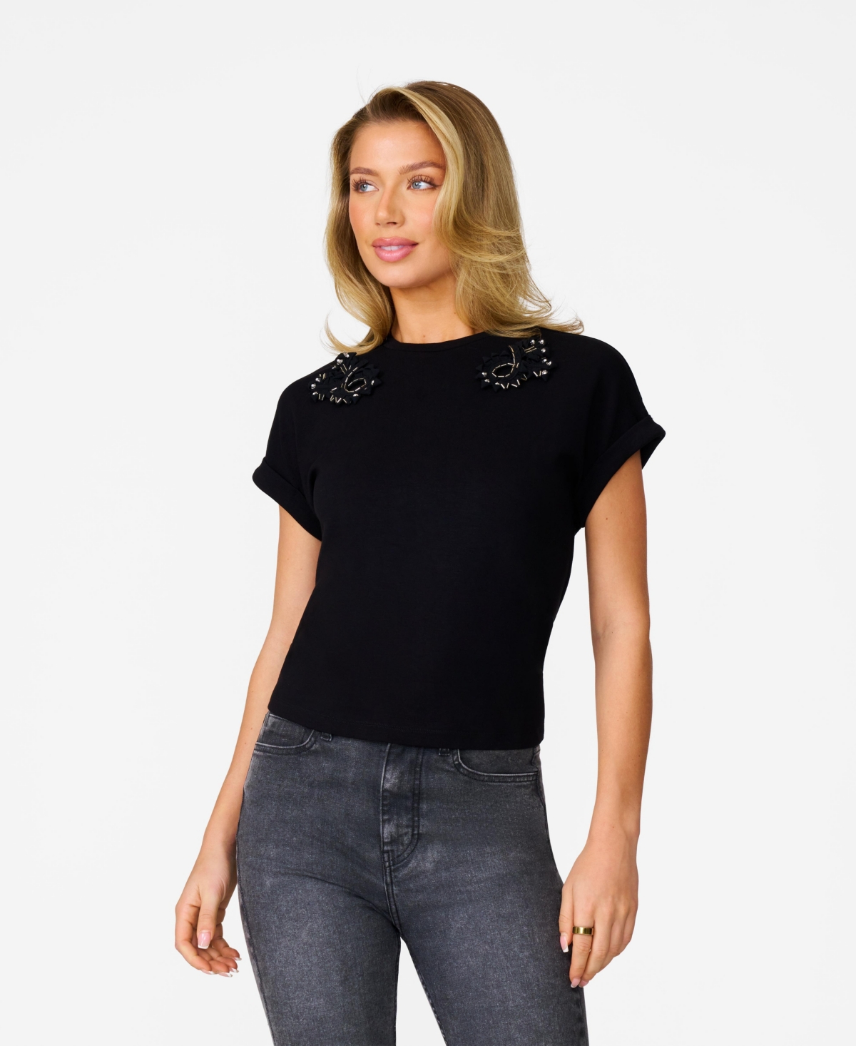 Women's Beaded Scuba Knit Top - Jet black