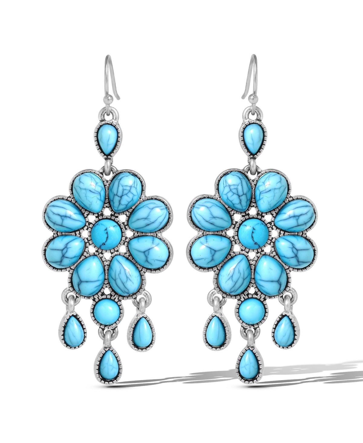Silver-Tone Turquoise Statement Drop Earrings Bohemian Chic Floral Design - Turquoise