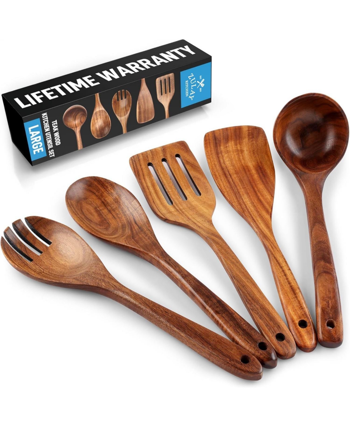 Extra Large 5-Piece Smooth Teak Wooden Spoon Set